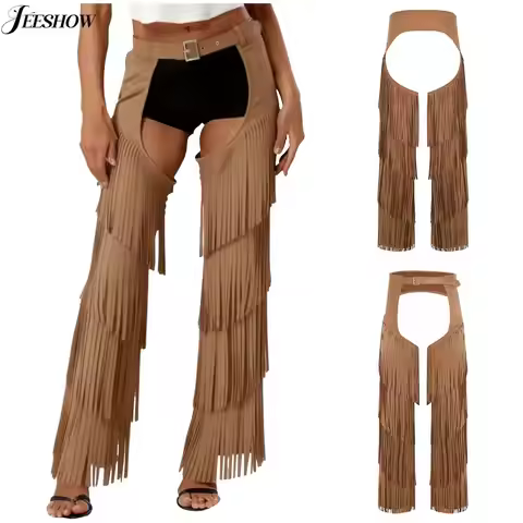 Womens Western Cowgirls Faux Suede Chaps Adjustable Waist Tiered Fringed Hollow Out Buttless Pants M