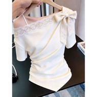 Women's Summer Lace Stitching Bow Knot T-shirt