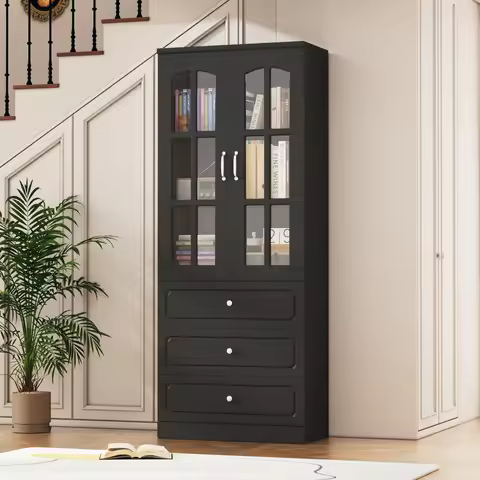78" Tall Display Storage Cabinet with Glass Doors and Drawers, Kitchen Cabinet with Shelves, Modern 