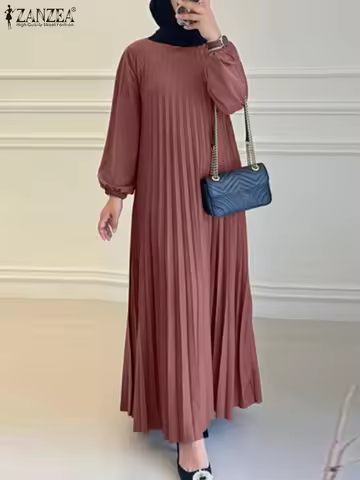 Women Autumn Maxi Dress Muslim Dubai Abaya Hijab Vestidos 2024 ZANZEA Fashion Long Sleeve Pleated Su