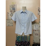 Japanese women's blue striped shirt with beautiful form, size m a68