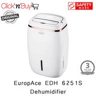 EuropAce EDH 6251S | EDH6251S Dehumidifier. 25L Moisture Removal Capacity. 40m2 Area Coverage. Real-Time Humidity Display. Safety Mark Approved. 3 Year Warranty.