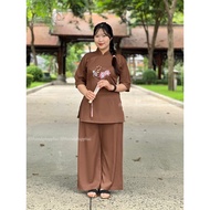 Đồ lam đi chùa nữ đẹp chất LỤA CHÉO Ý thêu tâm an phối sen cao cấp Thiên Di pháp phục lễ chùa D14