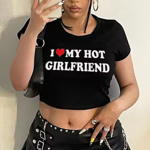 I Love My Hot Boyfriend/Girlfriend Y2k Crop Tops Streetwear Fashion Letter Graphic Unisex T-Shirts 9