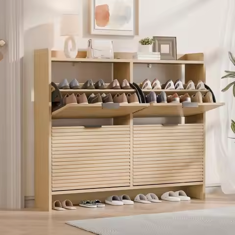 46.5" W Fluted Shoe Storage Cabinet for Entryway, Shoe Cabinet with 4 Flip Drawers, Narrow Wood Shoe