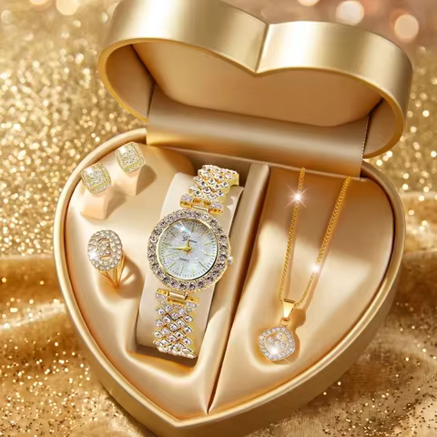 5Pcs/Set Unisex Jewelry Watches Women's Wristwatch Accessories Gold Fashion Business Elegant Trendy 