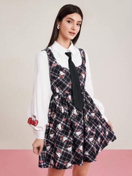 HELLO KITTY AND FRIENDS | SHEIN Hello-Kitty 格紋印花休閒腰裙和燈籠袖襯衫套裝