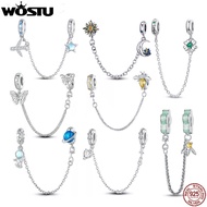 WOSTUS 925 Sterling Silver Honey Bee Safety Chain Star Moon Beads Heart Charm Fit Original Bracelet Bangle DIY Jewelry Making