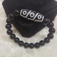 FungShui Lucky Charm Bracelet Nine Eye Dzi Black Onyx Again Evil Eye Protection 10mm Man and Woman