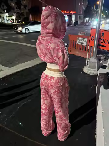 Fashion Y2K sportswear two-piece set women's hip-hop pink camouflage short waist embrace hoodie ultr