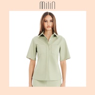 [MILIN] Short sleeves faux leather shirt เสื้อเชิ้ตคอปกหนังเทียม / Seminar Shirt