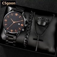 C5GOON 4Pcs Men's Watch Set Business Quartz Watch With Calendar Wrist Watch Necklace Bracelet Ring A