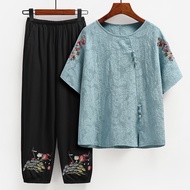 拉夏城市中老年人夏装套装棉麻女奶奶短袖妈妈夏季纯棉老太太衣服 蓝色(套装) 3XL(参考120-135斤)