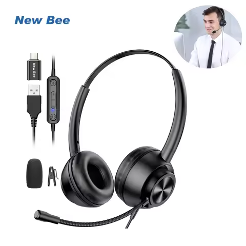 New Bee H368 Wired Headphones Rotatable Microphone with 3.5mm Type C Adapter for Call Center Office 