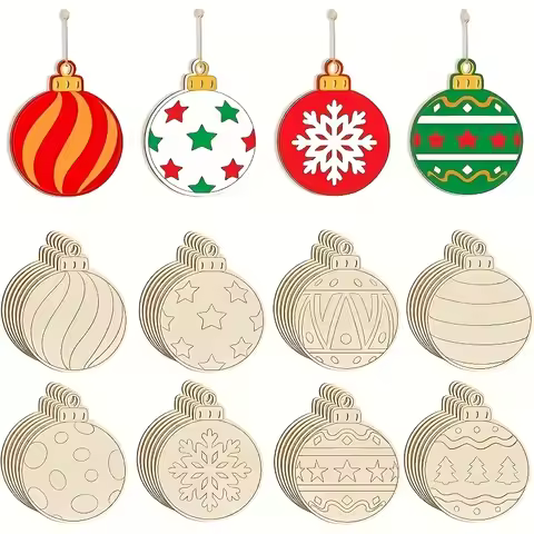 8pcs Creative wooden 2D flat Christmas decorations, DIY painting handicrafts - 8 designs with hemp r