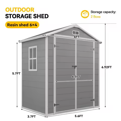 6x4 FT Outdoor Storage Shed, Plastic Garden Resin Shed with Floor and Window for Patio, Lawn, Outdoo