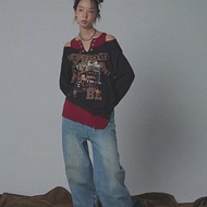 JelitaCeria JelitaCeria y2k Punk Fake Two Piece Printed Long Sleeve Off-The-Shoulder T-shirt Sweater