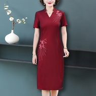 Happy Granny Wedding Dress Cheongsam Dress Noble Temperament Middle-aged Elderly Women's Dress Short