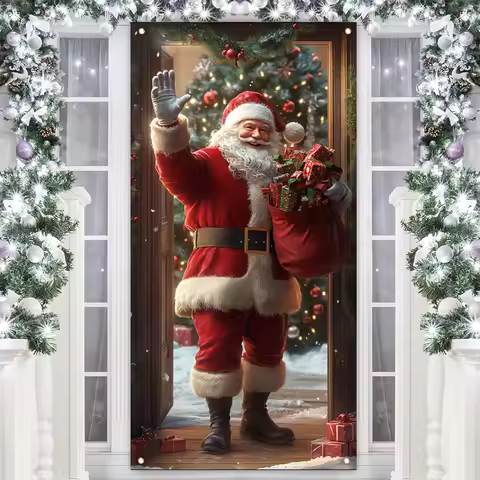 1 durable polyester vintage Santa Claus door cover banner, holiday multipurpose holiday family gathe