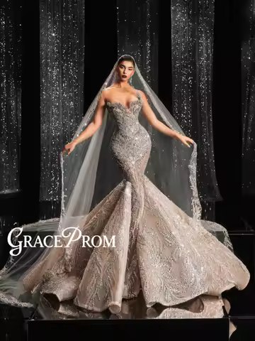 Opulent Beaded Crystals Sequined Wedding Dress Unique 3D Embroidered Mermaid Customized For Curvy Br