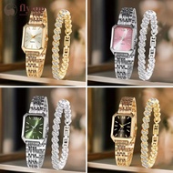 FLYTOP 2PCS Fashion Rectangle Women Quartz Watch Rhinestone Bracelet Set Simple Square Steel Band Wr
