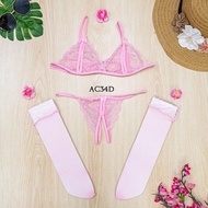 Sexy Stockings + Bra Set G String Underwear Women Lace Pink AC34D