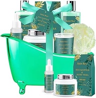 Bath Spa Gift Set Eucalyptus &amp; Aloe Vera Spa Basket Kits for Women and Men, Contains Essential Oil, Shower Gel, Bubble Bath, Body Lotion, Bath Salt, Soy Candle, Best On Valentine's Day, Mother's Day