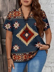 EMERY ROSE 大尺碼女性復古波希米亞幾何圖案印花寬鬆v領t恤,適用於夏季