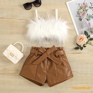HaK-2 Pcs Toddler Solid Color Outfits  Girls Cropped Fluffy Fur Camisole + Belted Leather Shorts 2-7