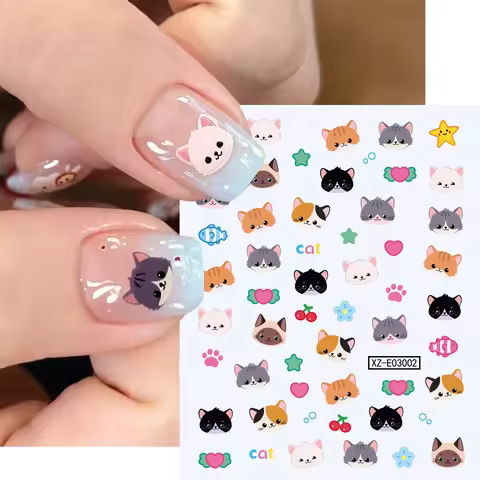 1/2Pc 5D Adorable Cat Nail Art Stickers Multicolor Kitten Paw Star Flower Self Adhesive Nails Decals
