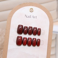 10PCS Cat Eye Fake Nails with Glue Cherry Red Design Cat Eye Press on Nails FM036