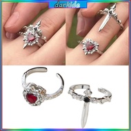 Dark Gothic Heart Swords Rings Set Of 2 Punk Alloy Adjustable Unisex Designs