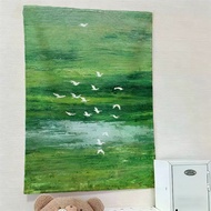 Oil painting style bird tapestry,healing literary fresh green egret decorative backdrop cloth for st