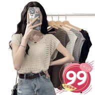 🔥Fight the Fastest in Taiwan🔥Korean Version Hole Knitted Blouse Loose Lazy Clothes V-Neck Hollow Kni