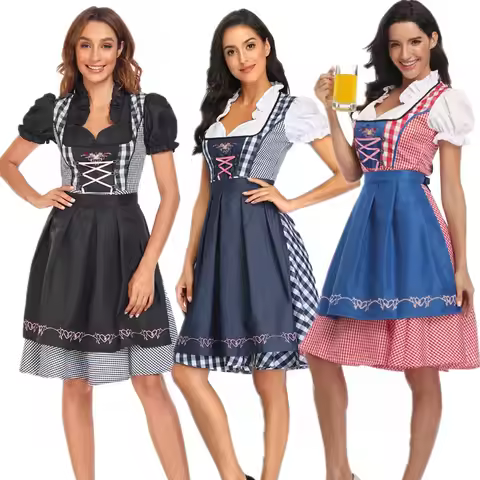 Women Bavaria Oktoberfest Dirndl Dress With Apron Beer Festivals Bartender Waitress Outfit Cosplay C