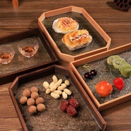 Retro Begonia Glass Tray Walnut Solid Wood Chinese Style Tea Dessert Storage Tray