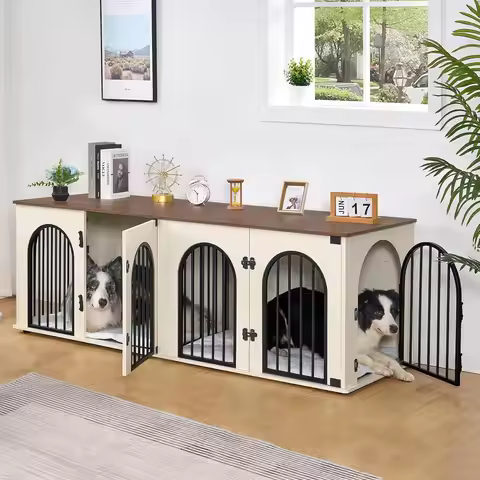 Dog Crate Furniture,71" Heavy Duty Dog Kennels with Divider, Pads, Side Table, TV Cabinet, Wooden Do