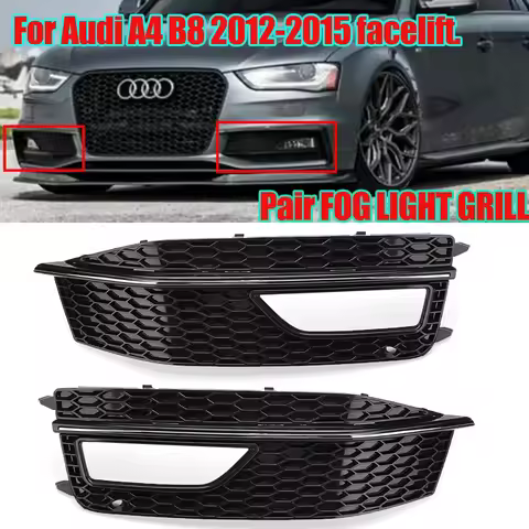 Pair Gloss Black Front Bumper Lower Fog Light Grill Grille For Audi A4 B8 S-Line S4 2012 2013 2014 2