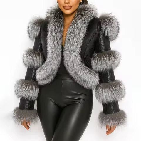 LVCOMEFF Women Sheep Leather Cropped Jacket With Fox Fur Y2K 230413