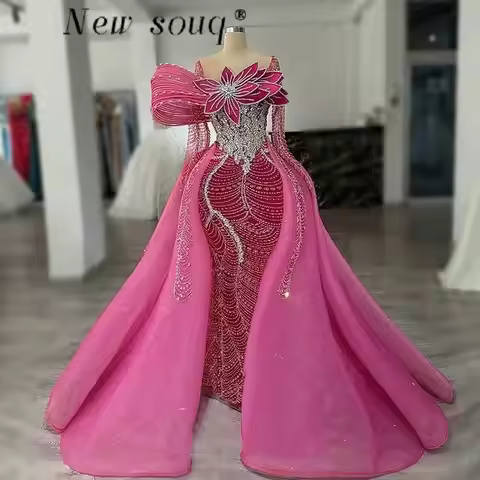 Dubai Hot Pink Sparkle Crystals Beaded Long Sleeves Evening Dresses with Overskirt Customized Elegan