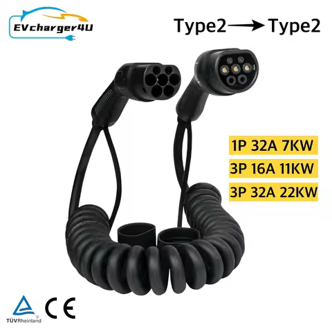 EVcharger4U IEC62196 Type 2 to Type2 Spiral EV Charger Cable 3Phase 11KW 22KW Coiled Cord for Electr