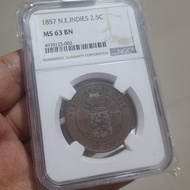 NGC MS63 BN N. E. Indies 2½ Cent 1857 Runner Up Top Pop Koin Kuno Indonesia Zaman Penjajahan Belanda