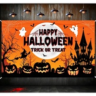 Happy Halloween Banner Decorations Purple Pumpkin & Spooky Halloween Banner for Indoor Outdoor Party