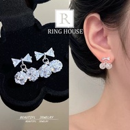 (Premium) E251 Women's silver cherry bow earrings with beautiful bright stones