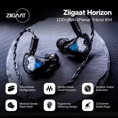 ZiiGaat Horizon IEM Earphones Natural Tonal Balance 1DD + 2BA + 2 Planar Tribrid with Custom Interch