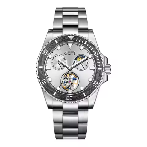 BONEST GATTI Men's Automatic Mechanical Watches Skeleton Steel Strap Sapphire Luminous Carbon Fiber 