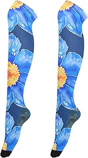 over Knee Stocking Socks Thigh Highs Stockings for Women Blue Watercolor Flowers Floral Femboy Thigh