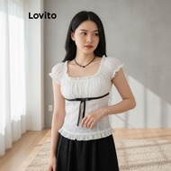 Lovito Blouse Comel Sulaman Eyelet Ikatan Hadapan Colorblock untuk Wanita L177AD890