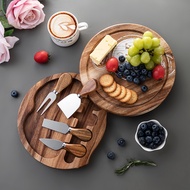 Acacia Mangium Cheese Plate round Box Steak Knife and Fork Plate Cheese Knife and Fork Box Camping Plate Butter Knife We