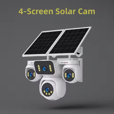 LS VISION 20MP Four Screens Solar Security Camera Outdoor 12X Zoom 4-Lens 4G Sim Ai Tracking Waterpr
